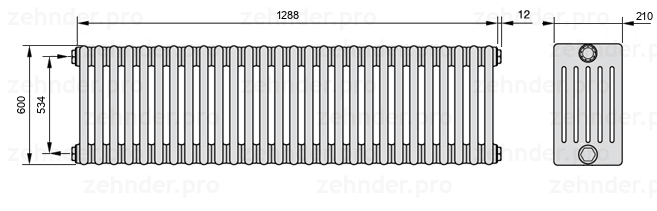 Схема (чертеж) Радиатор Zehnder Charleston 6060/28 №1270 Белый глянцевый RAL 9016